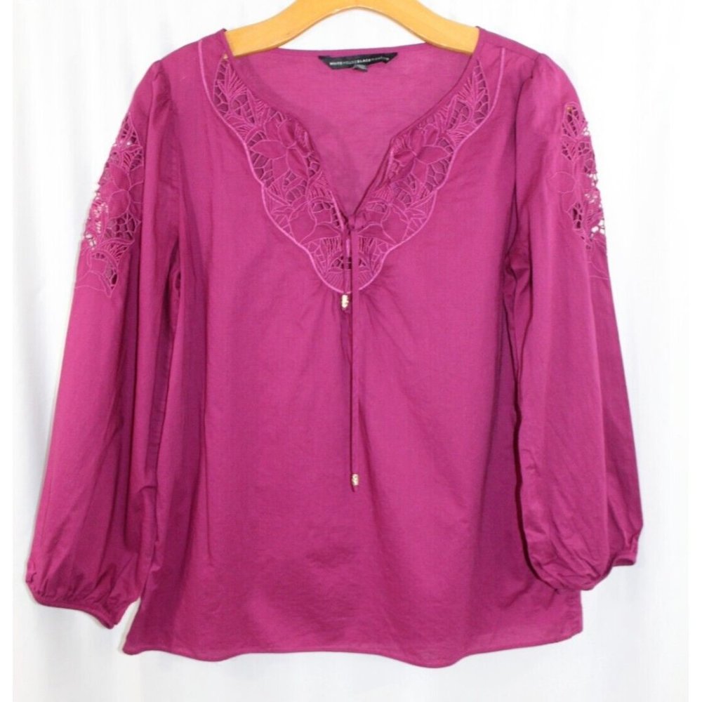 White House Black Market Womens Dark Pink Cotton 3/4 Sleeve Embroidered Blouse S